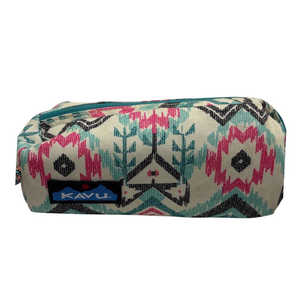 KAVU Pixel Grabber Accessory Pouch Southwestern Teal Pink Tribal Canvas Bag 9"